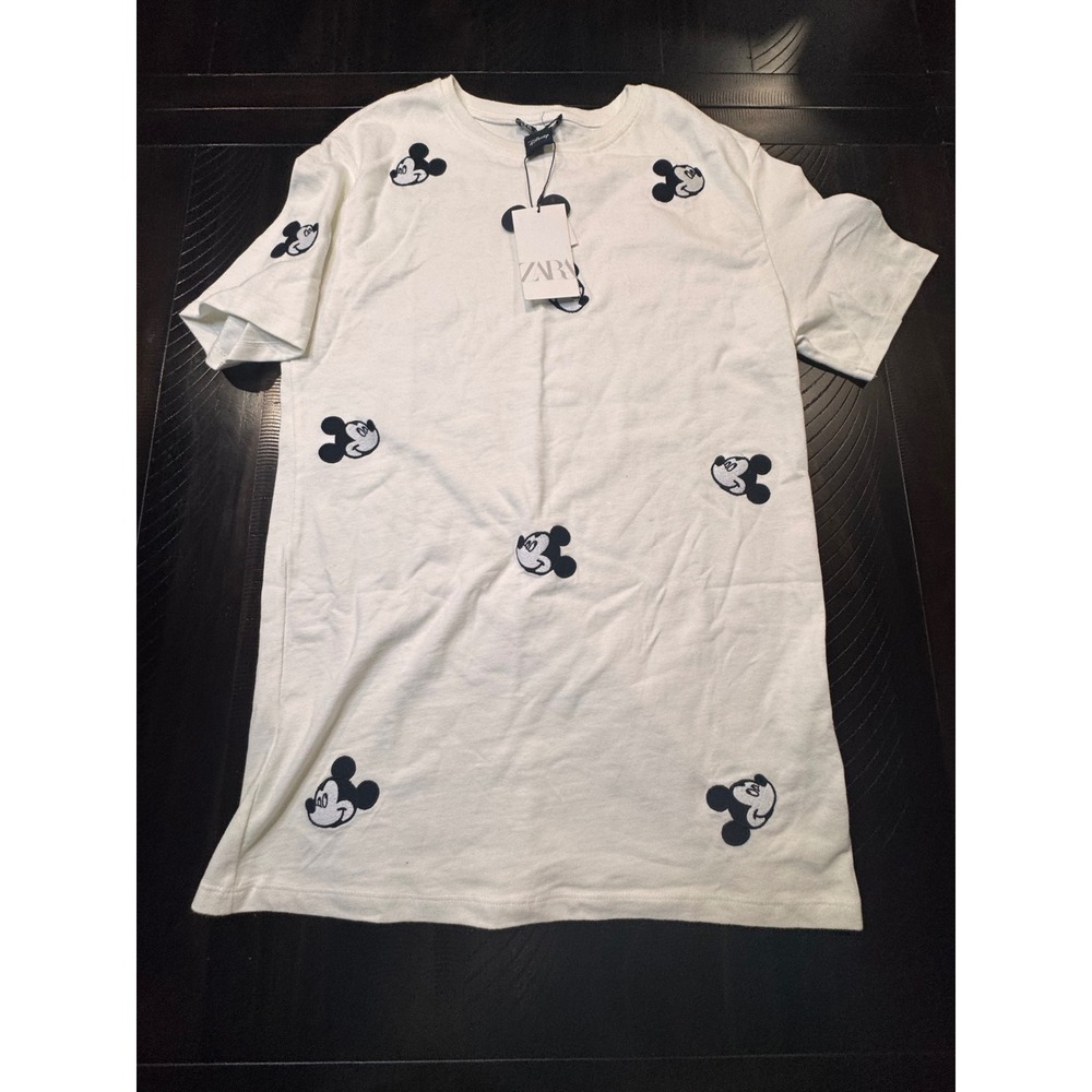 Zara Disney Mickey Mouse Embroidered T-Shirt Off White Cream Small NWT